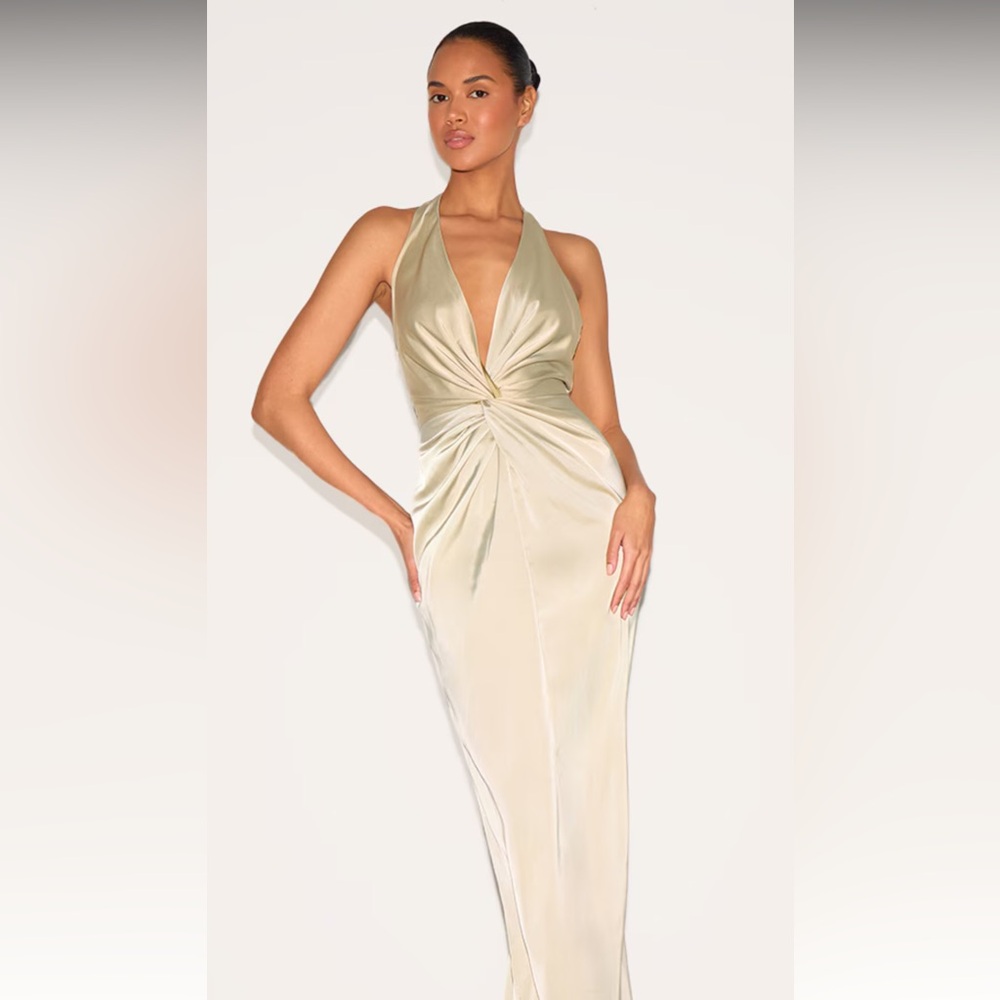 Sage Satin Plunge Halter Dress